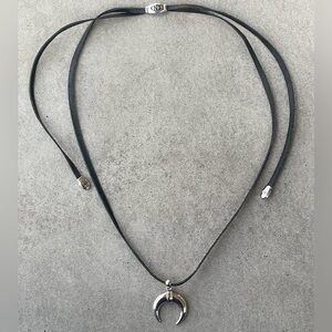 Caroline Neron Black Leather Necklace with Silver Crescent Pendant